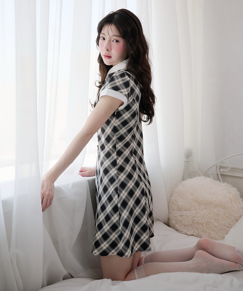 fupel ワンピース 夏 半袖 collar check mini onepiece / 襟付き