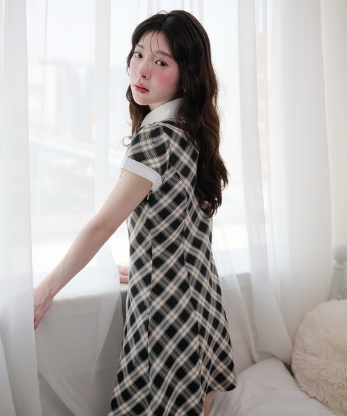sheller チェック柄半袖ミニワンピース fupel ワンピース 夏 半袖 collar check mini onepiece / 襟付き