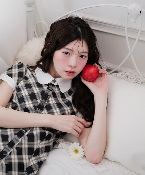 fupel ワンピース 夏 半袖 collar check mini onepiece / 襟付き