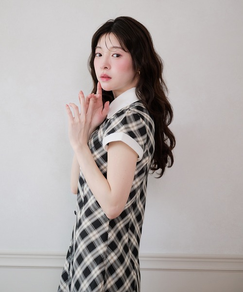 fupel ワンピース 夏 半袖 collar check mini onepiece / 襟付き