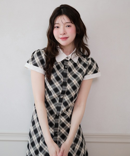 fupel ワンピース 夏 半袖 collar check mini onepiece / 襟付き