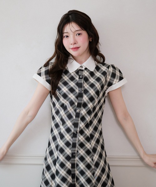 fupel ワンピース 夏 半袖 collar check mini onepiece / 襟付き