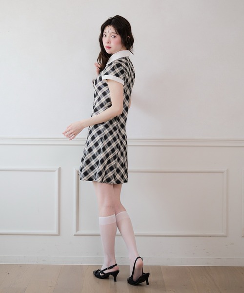 fupel ワンピース 夏 半袖 collar check mini onepiece / 襟付き