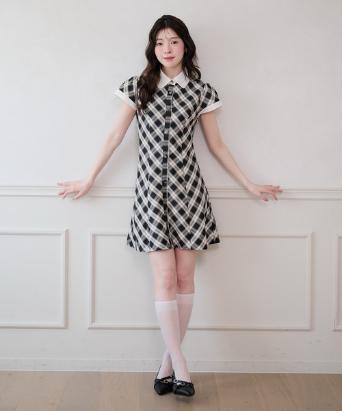 sheller チェック柄半袖ミニワンピース fupel ワンピース 夏 半袖 collar check mini onepiece / 襟付き