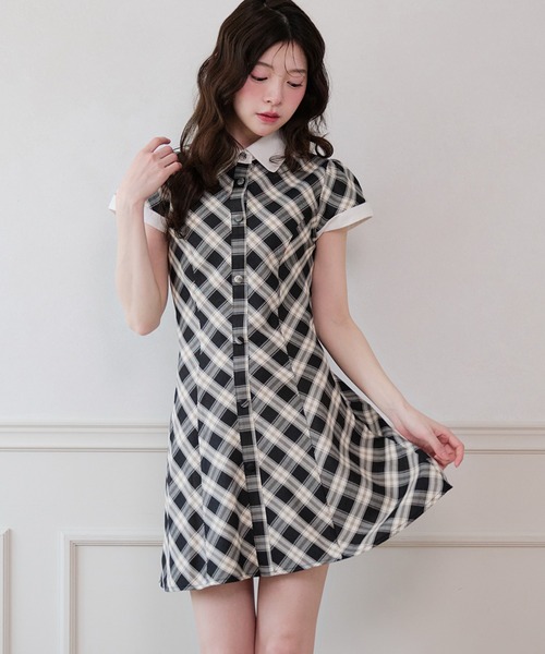 sheller チェック柄半袖ミニワンピース fupel ワンピース 夏 半袖 collar check mini onepiece / 襟付き