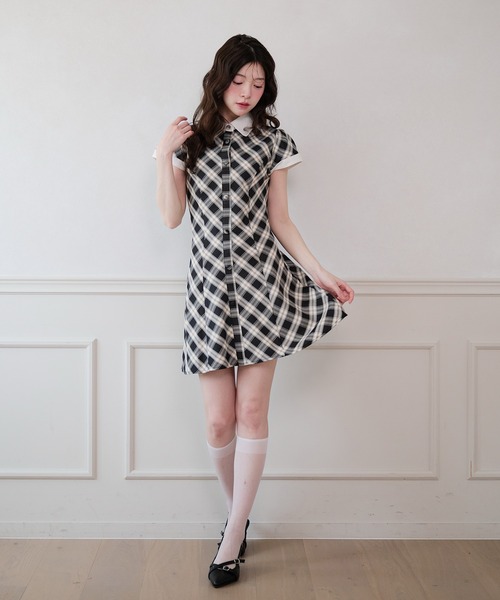 sheller チェック柄半袖ミニワンピース fupel ワンピース 夏 半袖 collar check mini onepiece / 襟付き