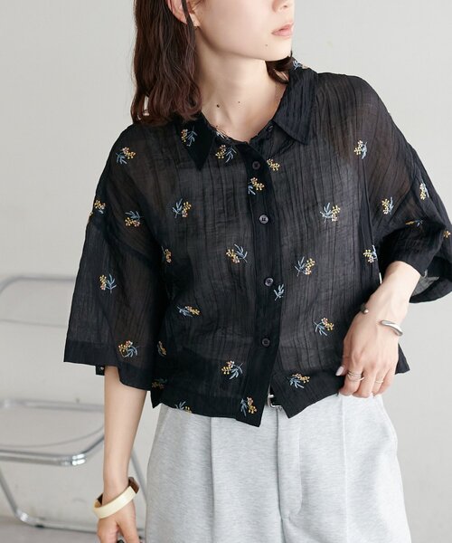 ブラウス シャツ 「WEB限定」刺繍シアークロップドシャツ レディースの画像