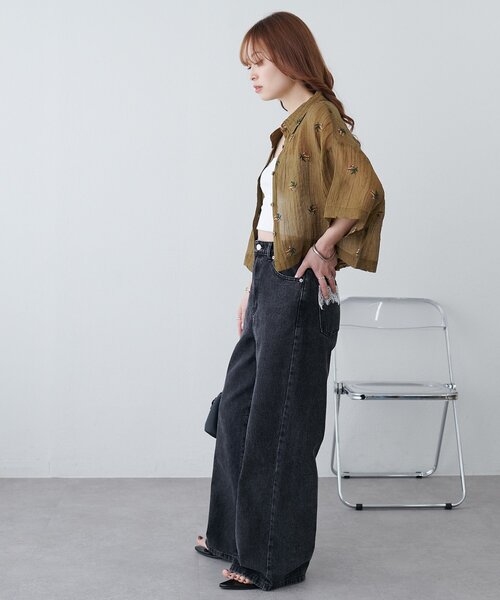 ブラウス シャツ 「WEB限定」刺繍シアークロップドシャツ レディースの画像