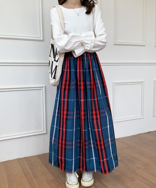 カネコイサオ チェック 花柄 ボリューム ロングスカート ABITOKYO スカート 大柄チェックボリュームフレアロングスカート