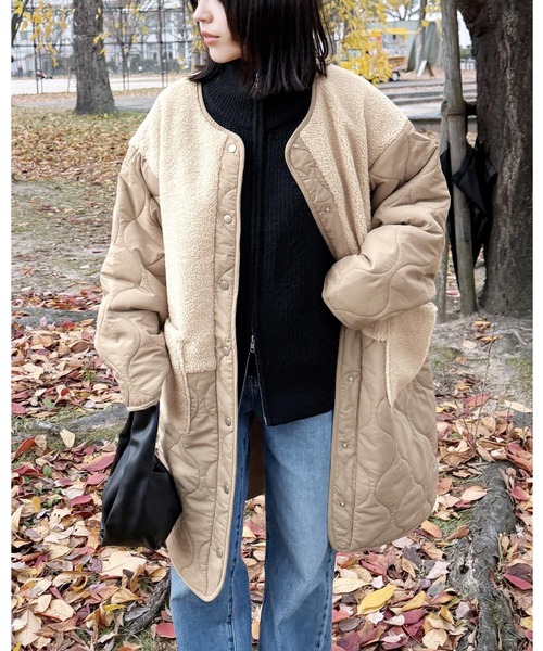 reca（レカ） コート アウター ノーカラーボア×ひょうたんキルトコート