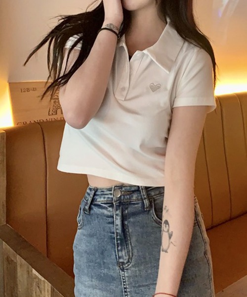 meJane（ミージェーン） ポロシャツ ポロ ハート刺繍クロップド丈