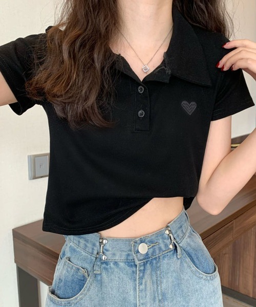 ⭐︎misatoです⭐︎ バンダナ柄 黒 ポロシャツ＆ショートパンツ セット meJane（ミージェーン） ポロシャツ ポロ ハート刺繍クロップド丈