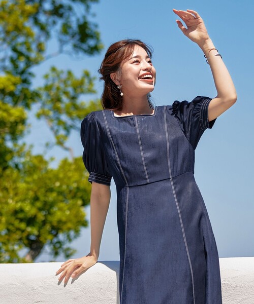 Tiaclasse ワンピース 半袖 「洗える」パフスリーブ配色ステッチ