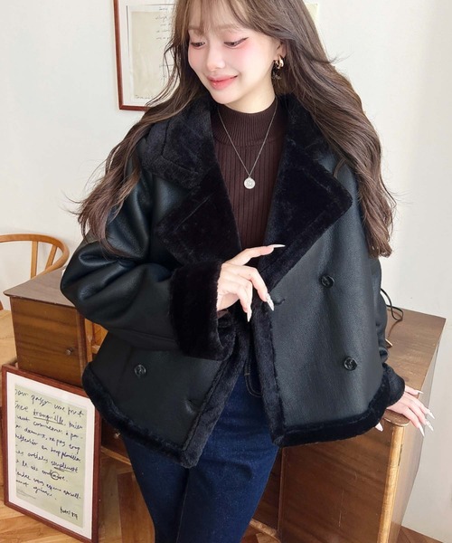 moment+ ムートンコート ボアコート フェイクレザー×フェイクファー