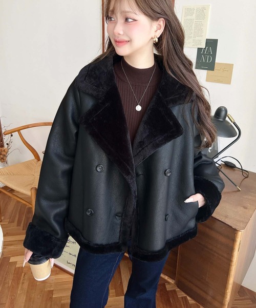 moment+ ムートンコート ボアコート フェイクレザー×フェイクファー