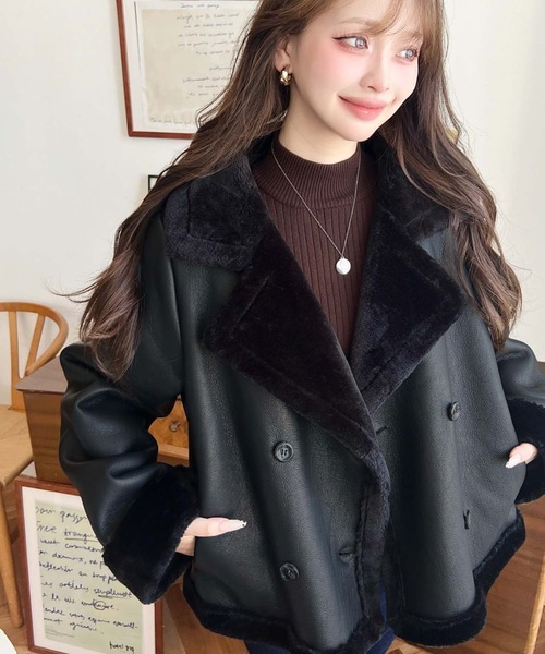 moment+ ムートンコート ボアコート フェイクレザー×フェイクファー