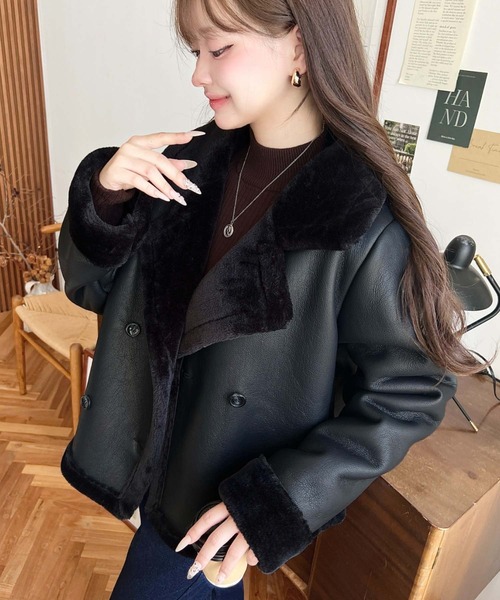 moment+ ムートンコート ボアコート フェイクレザー×フェイクファー
