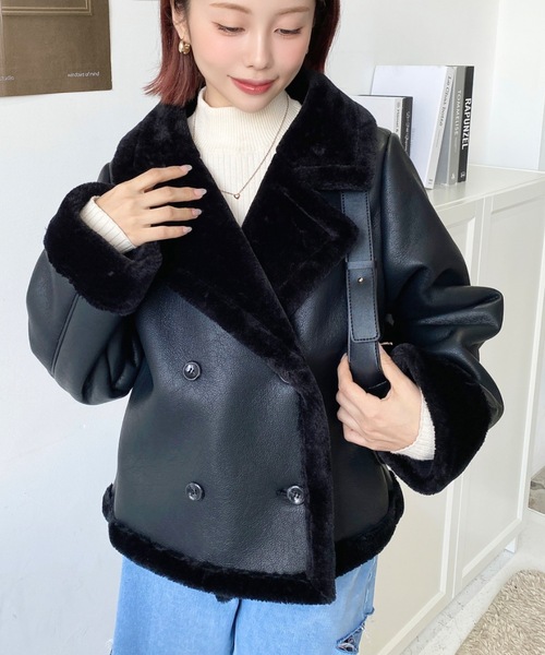 moment+ ムートンコート ボアコート フェイクレザー×フェイクファー