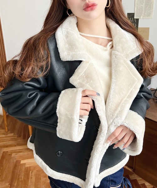 moment+ ムートンコート ボアコート フェイクレザー×フェイクファー