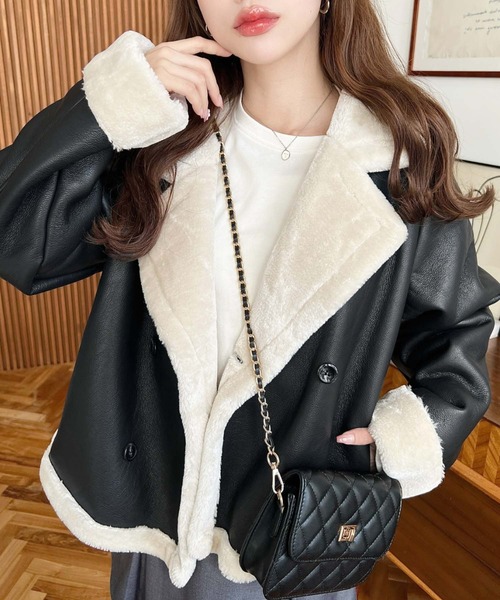moment+ ムートンコート ボアコート フェイクレザー×フェイクファー