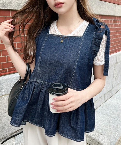 moment+ ブラウス シャツ ライトオンスデニムショルダーリボンペプラム