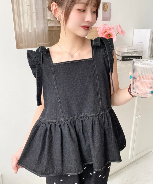 moment+ ブラウス シャツ ライトオンスデニムショルダーリボンペプラム