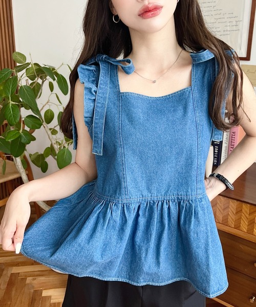 moment+ ブラウス シャツ ライトオンスデニムショルダーリボンペプラム