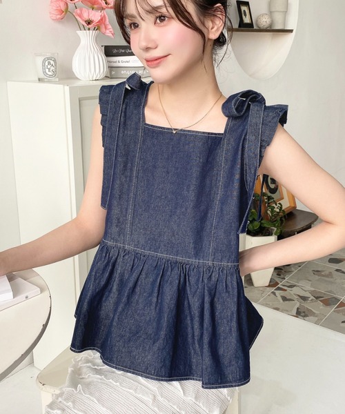 moment+ ブラウス シャツ ライトオンスデニムショルダーリボンペプラム