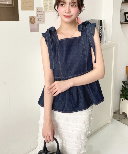 ノーリーズ　リエミラー　ペプラムデニムブラウス 追加7回】【RM denim】フリルギャザーデニムブラウス（4-0038-6