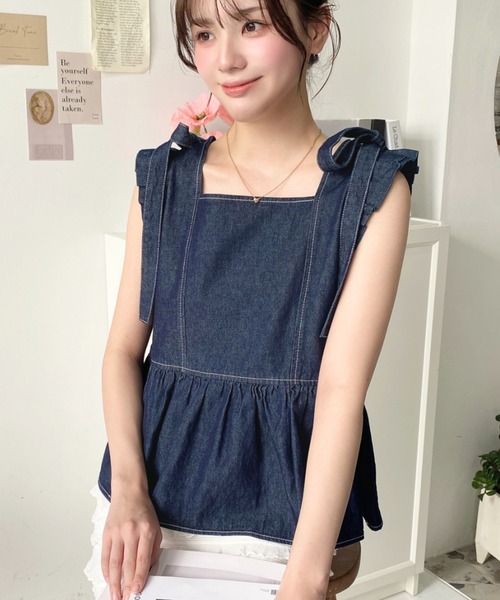 moment+ ブラウス シャツ ライトオンスデニムショルダーリボンペプラム