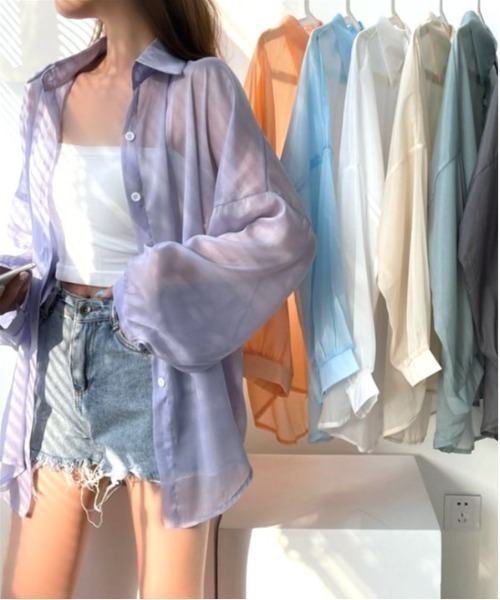 COMON＋ ブラウス シャツ シースルーオーバーサイズロングシャツ