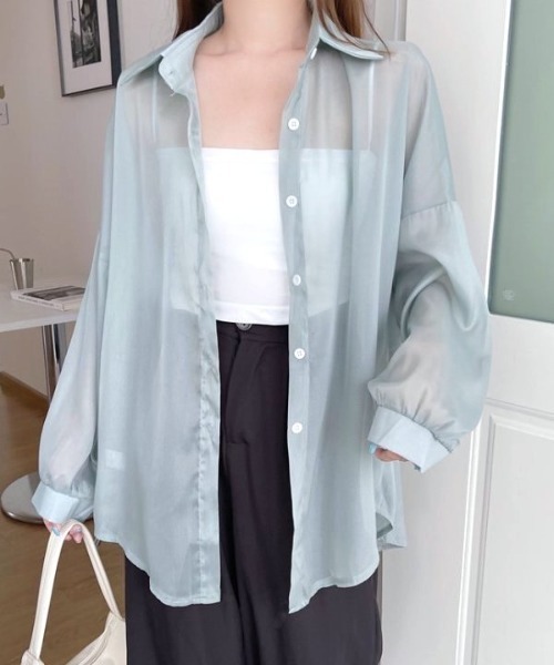 COMON＋ ブラウス シャツ シースルーオーバーサイズロングシャツ