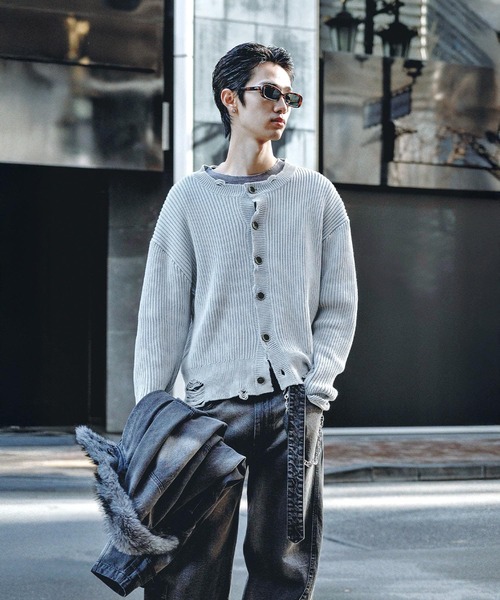 Ruelle カーディガン 「Ruelle」Faded Distressed Knit Cardigan