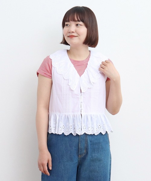 Dot and Stripes フリルブラウス未使用タグ付き AMBIDEX Store △○80ボイルレース ピンタックラッフルケープ襟