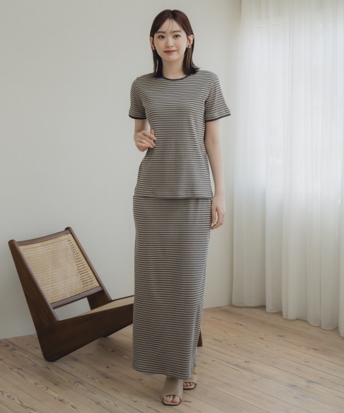 tシャツ 高身長　リブボーダーセットアップ（Ｔシャツ＋スカート）（トールサイズ）Essenave レディース slattgir tシャツ 高身長 リブボーダーセットアップ（Tシャツ＋