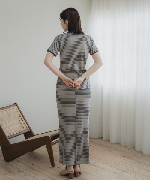 tシャツ 高身長　リブボーダーセットアップ（Ｔシャツ＋スカート）（トールサイズ）Essenave レディース slattgir tシャツ 高身長 リブボーダーセットアップ（Tシャツ＋