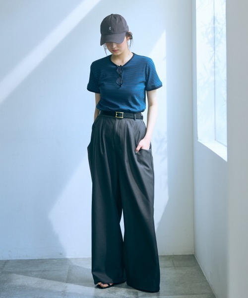 tシャツ 高身長　リブボーダーセットアップ（Ｔシャツ＋スカート）（トールサイズ）Essenave レディース セール】高身長 リブボーダーセットアップ（Tシャツ＋スカート