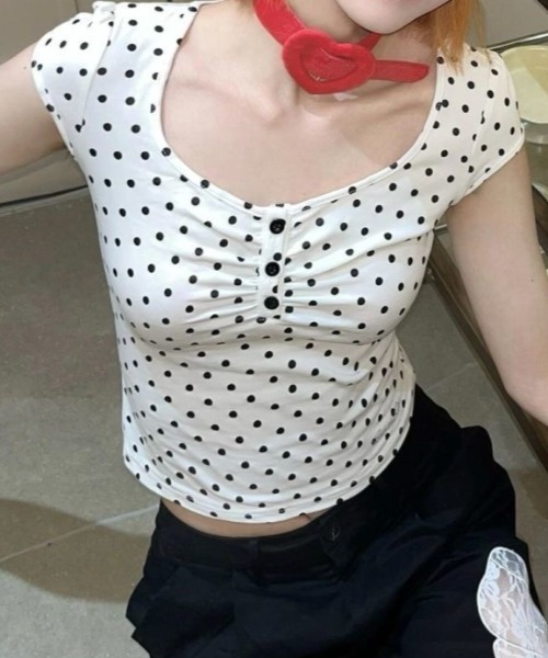 SHEENA（シーナ） tシャツ ドット柄ヘンリーネック半袖トップス