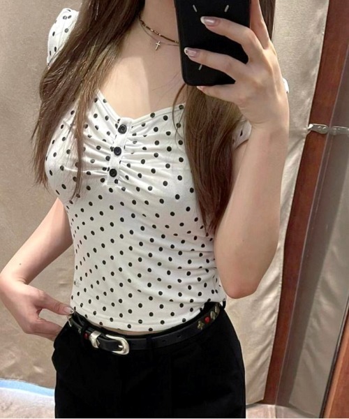 SHEENA（シーナ） tシャツ ドット柄ヘンリーネック半袖トップス