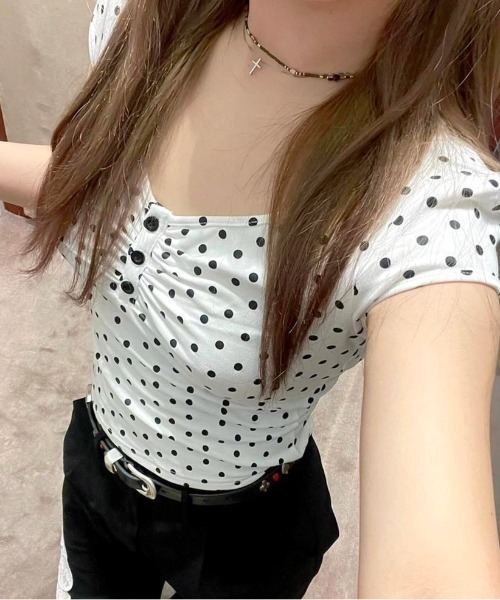 SHEENA（シーナ） tシャツ ドット柄ヘンリーネック半袖トップス