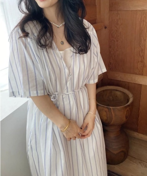 Aelina ワンピース ストライプ柄Vネック半袖リボン付きワンピース