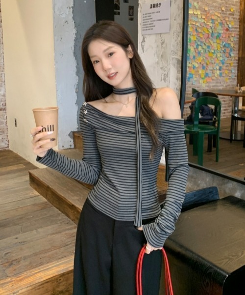 gossip!ロサンゼルス tシャツ 「Y2Kガーリー」レトロボーダー柄オフ