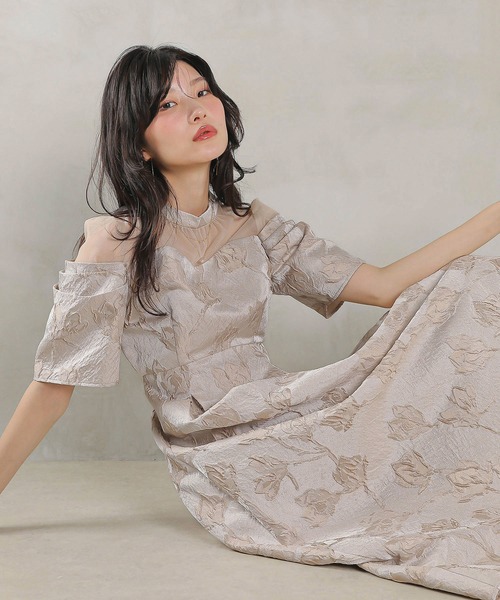 Kana ドレス ジャガード 花柄 チュール オフショル風 Aライン