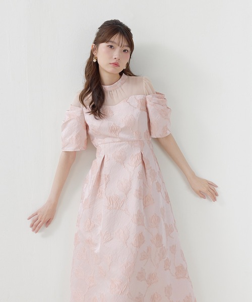 Kana パーティードレス ドレス ジャガード 花柄 チュール オフショル風