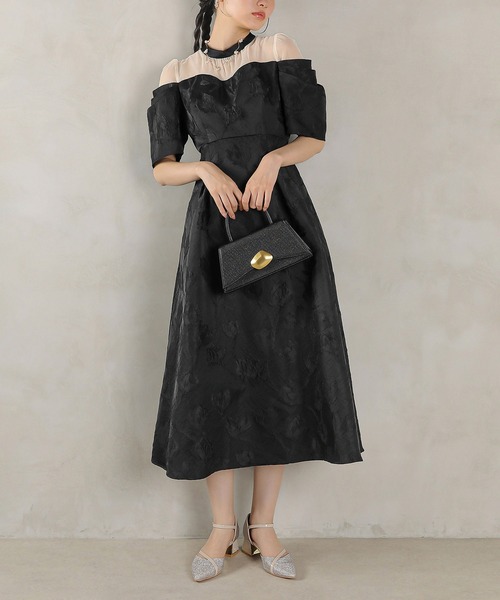 Kana ドレス ジャガード 花柄 チュール オフショル風 Aライン