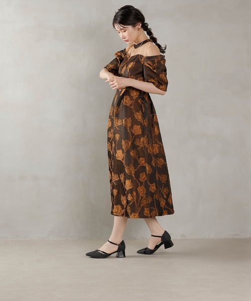 Kana ドレス ジャガード 花柄 チュール オフショル風 Aライン