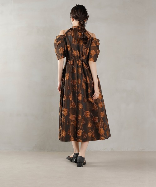 Kana ドレス ジャガード 花柄 チュール オフショル風 Aライン