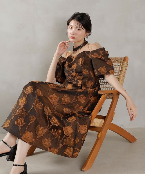 Kana ドレス ジャガード 花柄 チュール オフショル風 Aライン