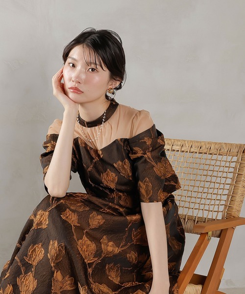 極美品✨kana ジャガード チュール セットドレス ブラウン ドレス S 極美品✨kana ジャガード チュール セットドレス ブラウン ドレス S