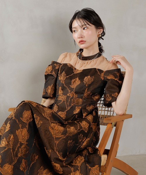 Kana ドレス ジャガード 花柄 チュール オフショル風 Aライン